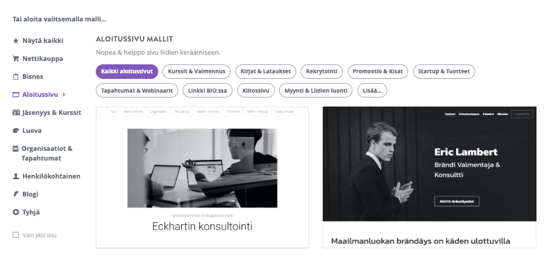 Aloitussivusi korottaminen aloitussivun esimerkin avulla - Valitse malli
