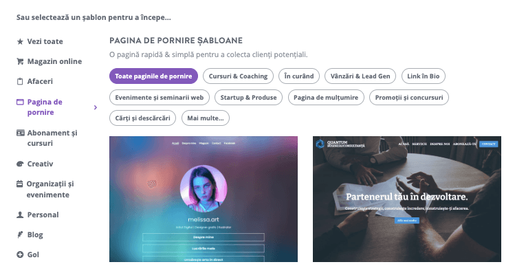 Cum să începi o afacere online cu Strikingly - Alege un șablon