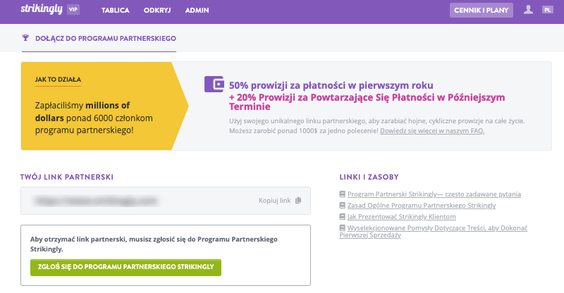 Strona rejestracji do Programu Partnerskiego Strikingly
