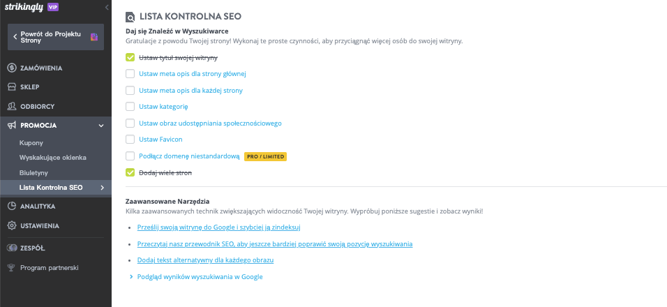 Lista Kontrolna SEO Strikingly