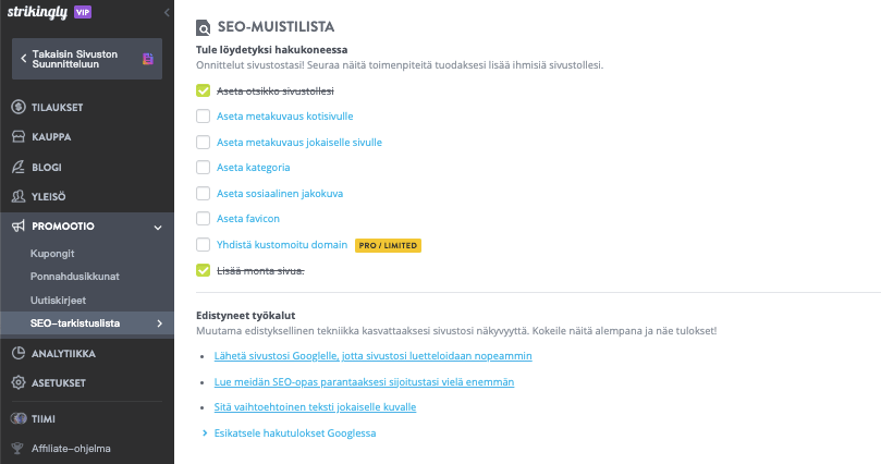 Parhaat työkalut freelancereille - Verkkosivustot ja suunnittelutyökalut - Strikingly: Rakenna kaunis verkkosivusto minuuteissa - SEO-asetukset