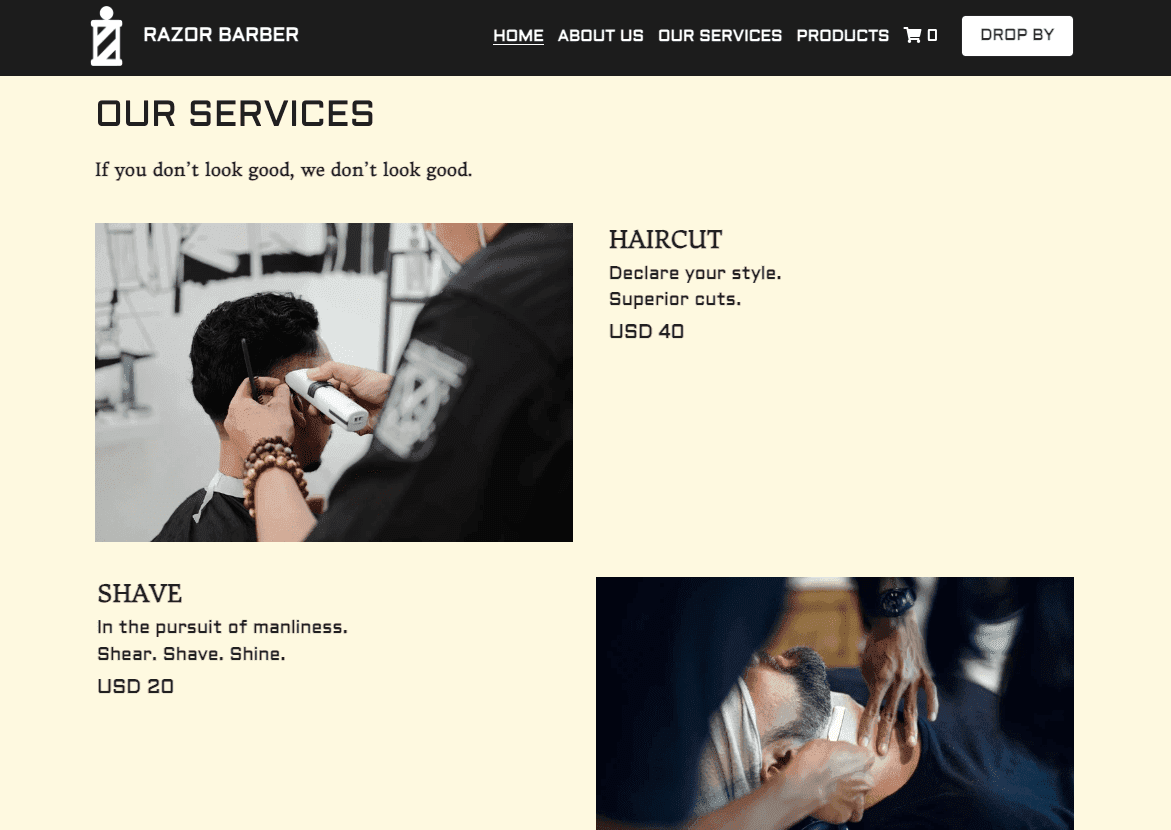 Szablon firmy oferującej usługi fryzjerskie Razor Barber od Strikingly