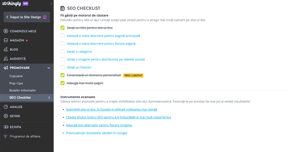 Lista de verificare SEO Strikingly