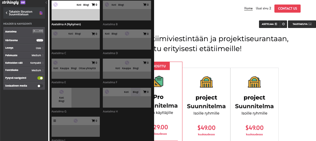 Navigointiasetukset Strikingly Website Editorissa