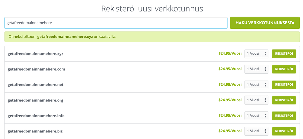 Strikinglyn verkkotunnuksen hakutoiminto