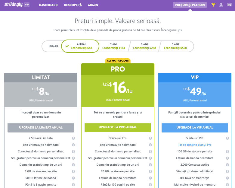 Prețurile planurilor Strikingly