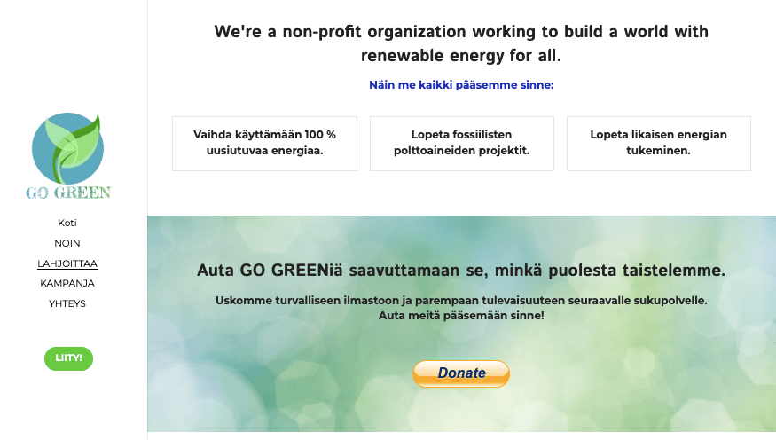 Go Green voittoa tavoittelematon verkkosivuston suunnittelumalli