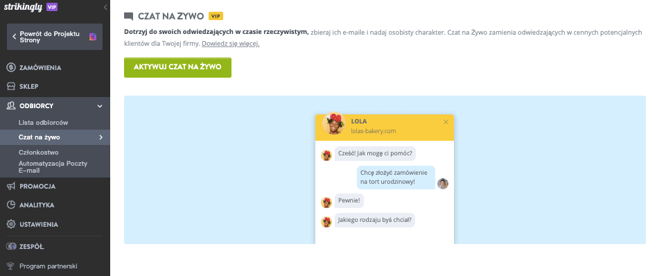 Funkcja Czat na Żywo Strikingly