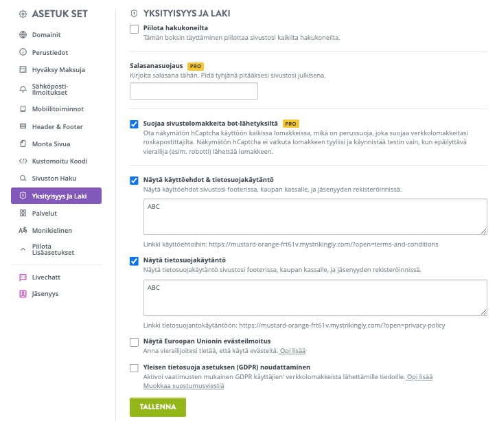 Tietosuojakäytännön lisääminen Strikingly-verkkosivustollesi