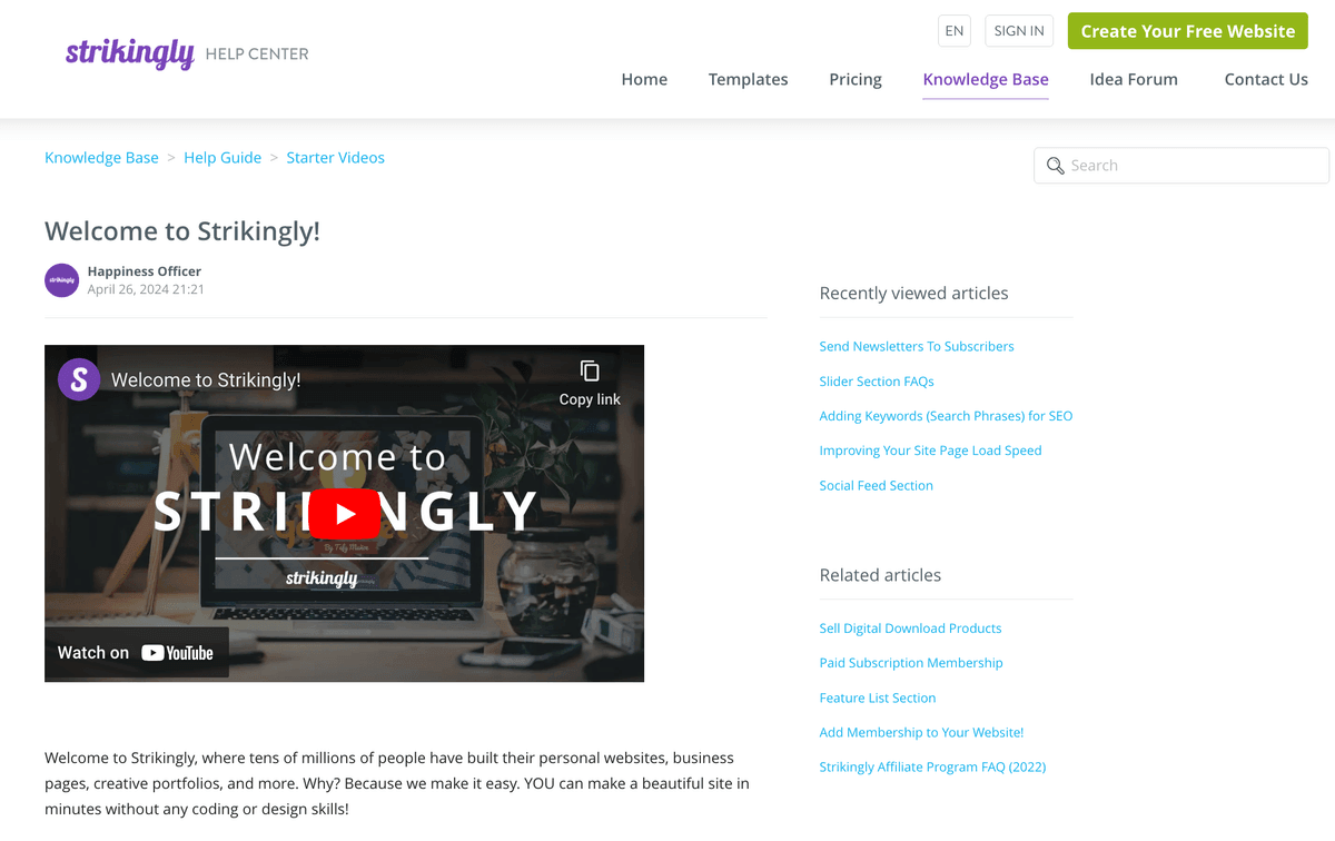مقالة قاعدة المعرفة Strikingly