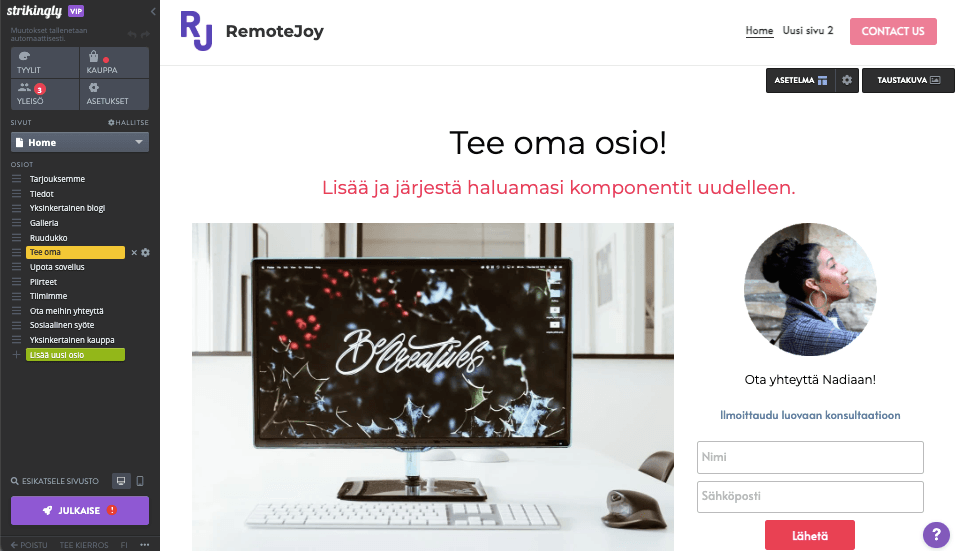 Strikinglyn vedä ja pudota -toiminto