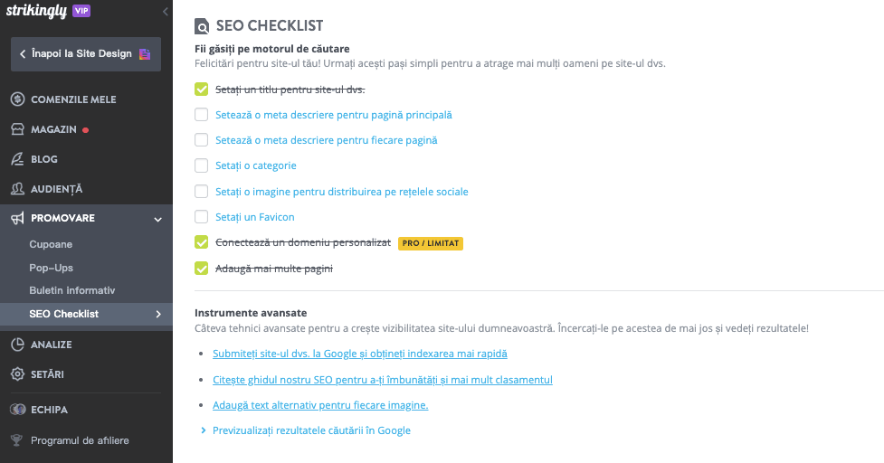 Lista de verificare SEO Strikingly