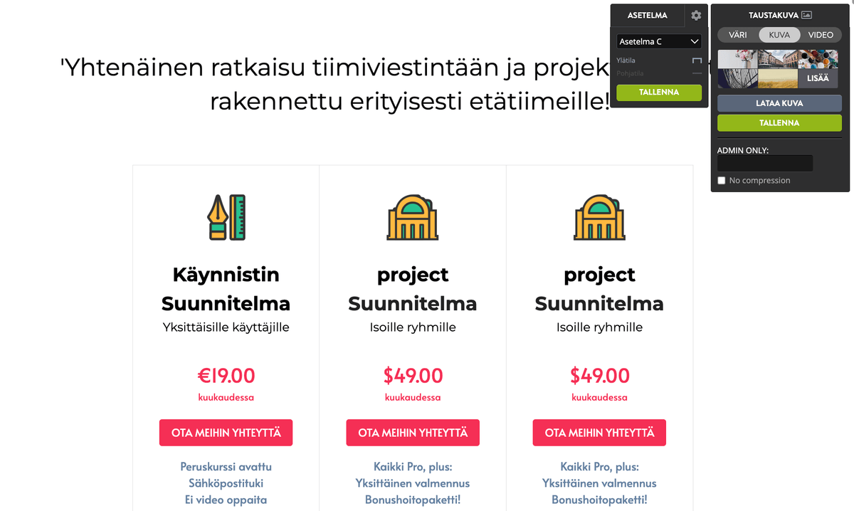 Vedä ja pudota -verkkosivuston rakentajan käyttö