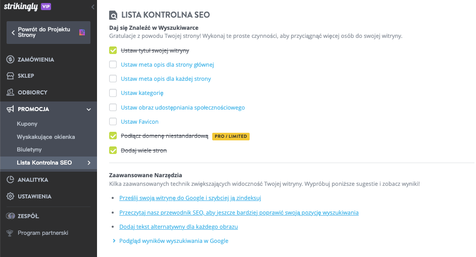 Lista kontrolna SEO Strikingly