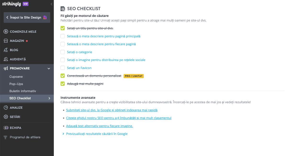 Lista de verificare SEO de la Strikingly