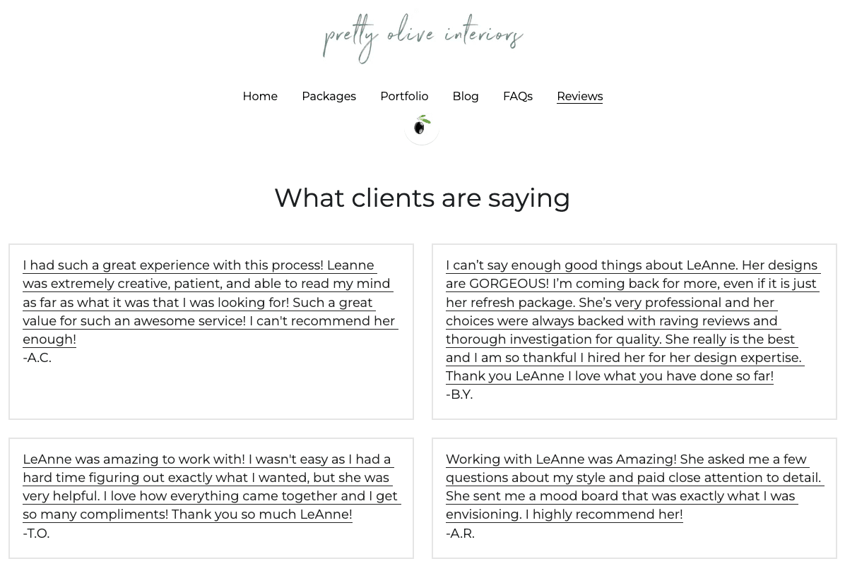 Imagine preluată de pe site-ul unui utilizator Strikingly - Pretty Olive Interiors