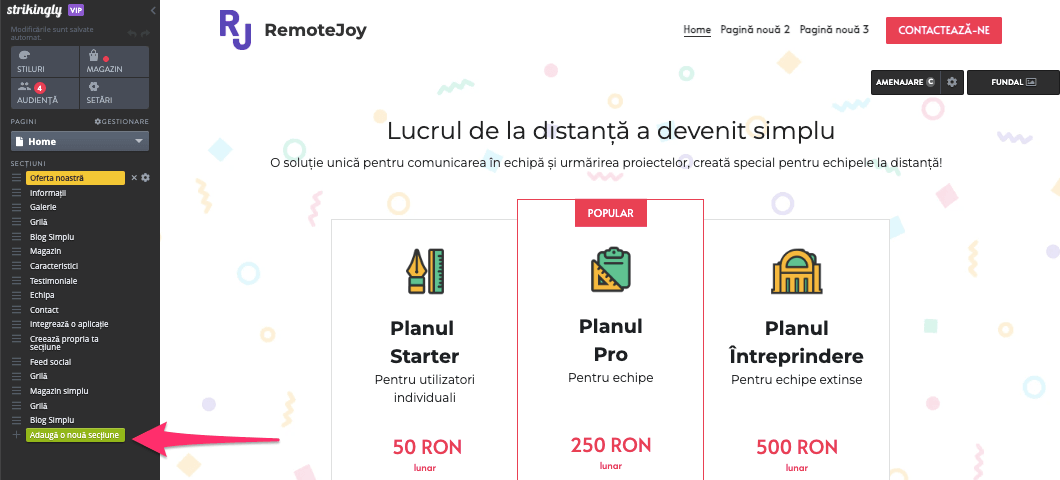 Cum adăugați artă vectorială pe un site Strikingly - adăugați o secțiune nouă sau editați o secțiune existentă