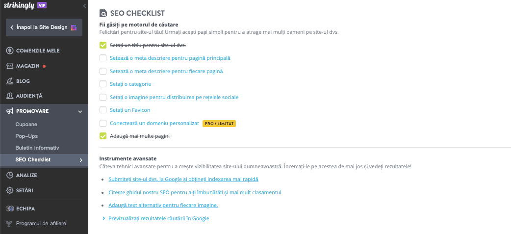 Checklist SEO Strikingly