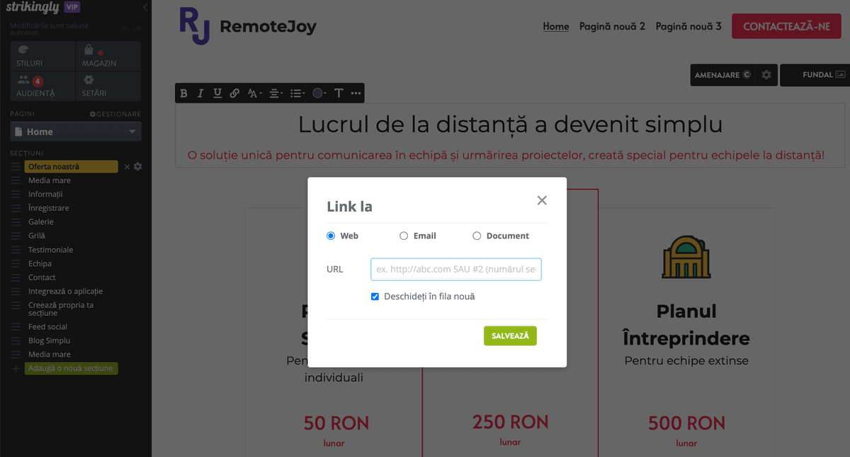 Funcția de link de ancorare Strikingly