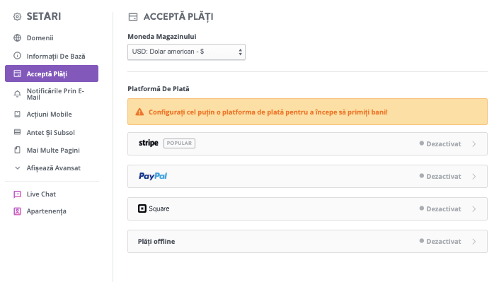 Pagina de plată a magazinului Strikingly
