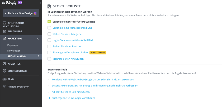 So erstellen Sie mit Strikingly eine Website für mobile Apps – SEO-Einstellungen