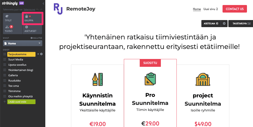 Pystysuuntainen navigointivalikko päällä Strikingly - Siirry tyyleihin