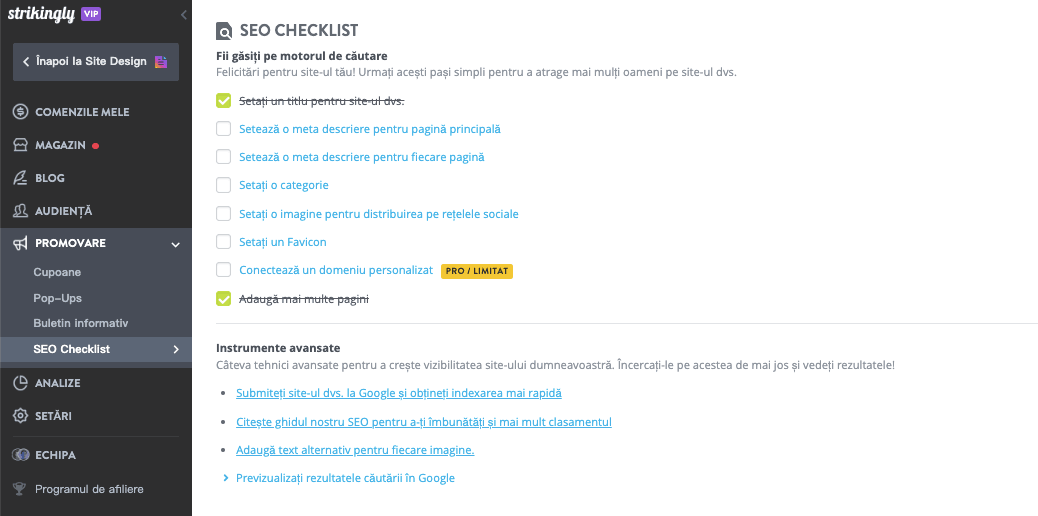 Lista de verificare SEO Strikingly