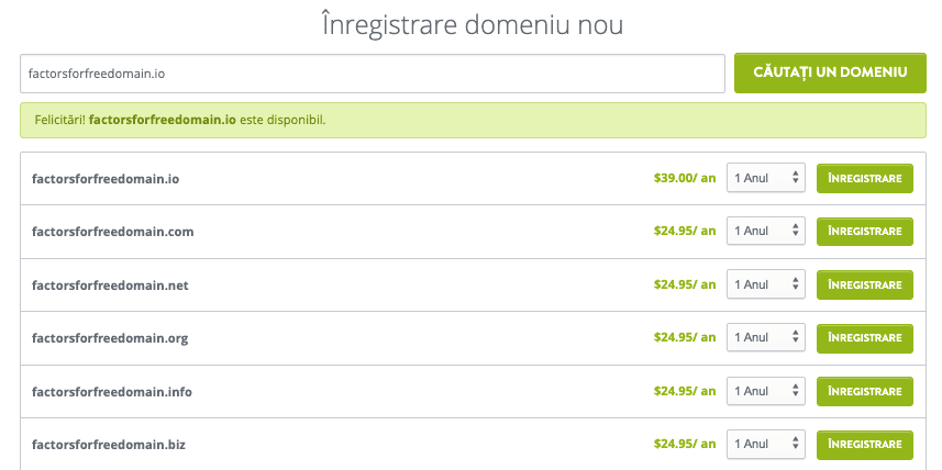 Pagina de căutare a domeniului Strikingly