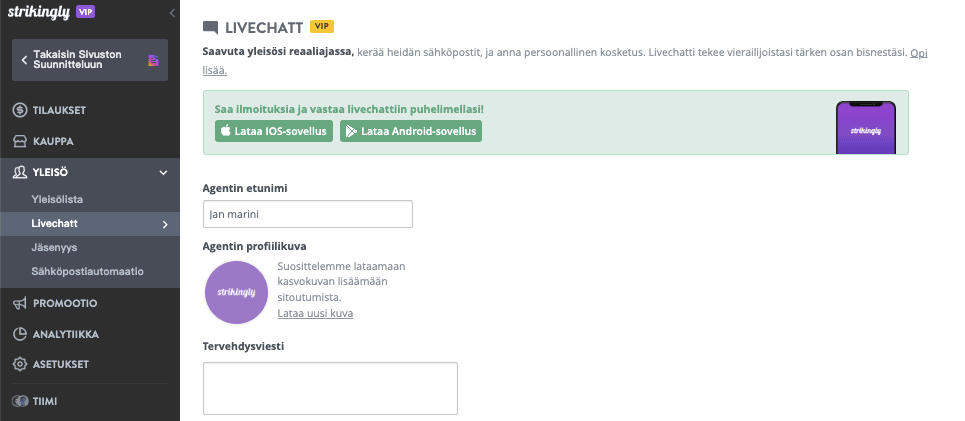 Automaattivastaussivun asetukset