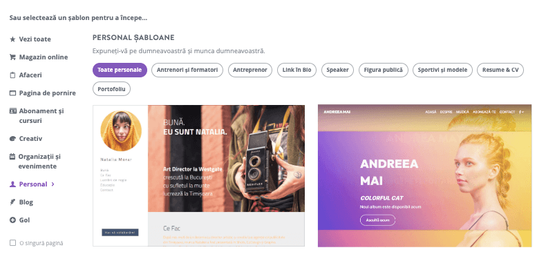 site personal - Utilizarea Strikingly - varietate de site-uri personale pre-proiectate
