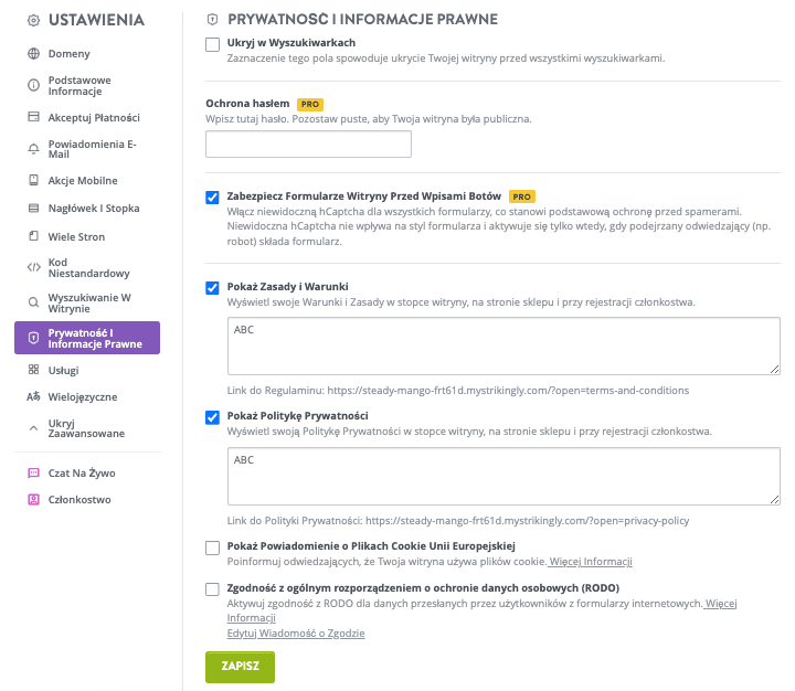 Dodanie Polityki Prywatności do Twojej Strony Strikingly