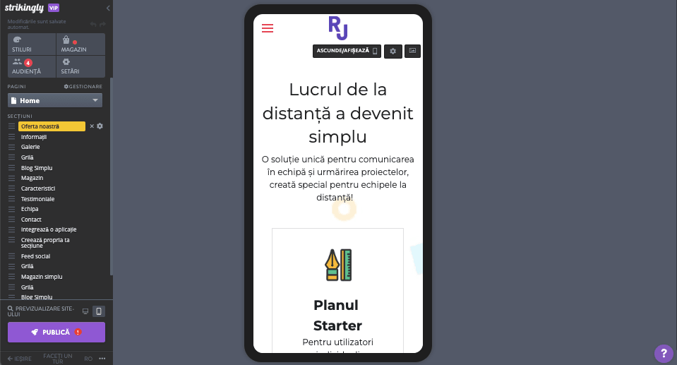Editorul Strikingly mobil
