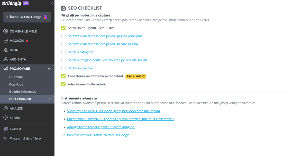 Lista de verificare SEO Strikingly