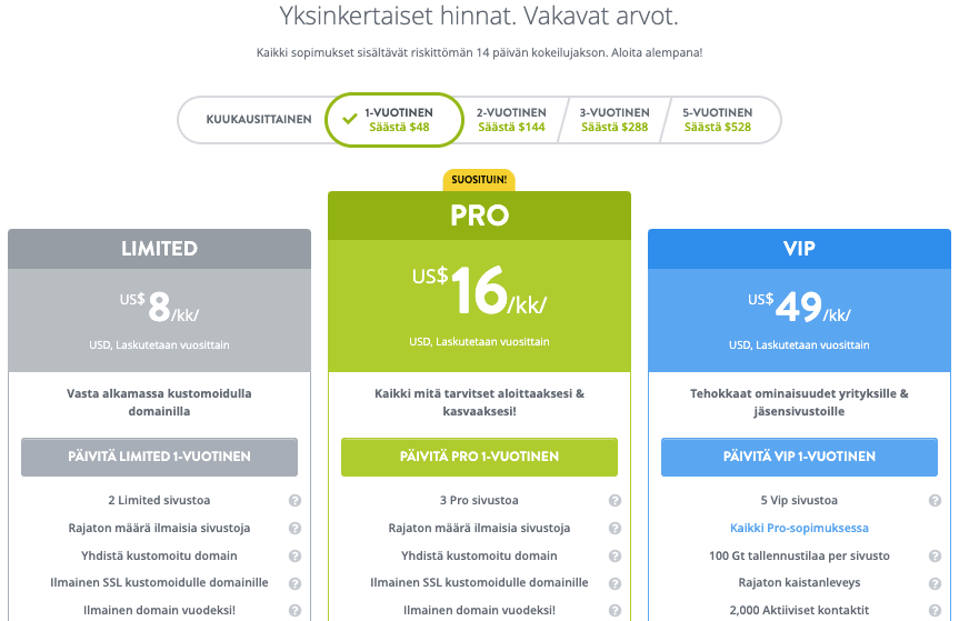 Strikingly Hinnoittelusivu