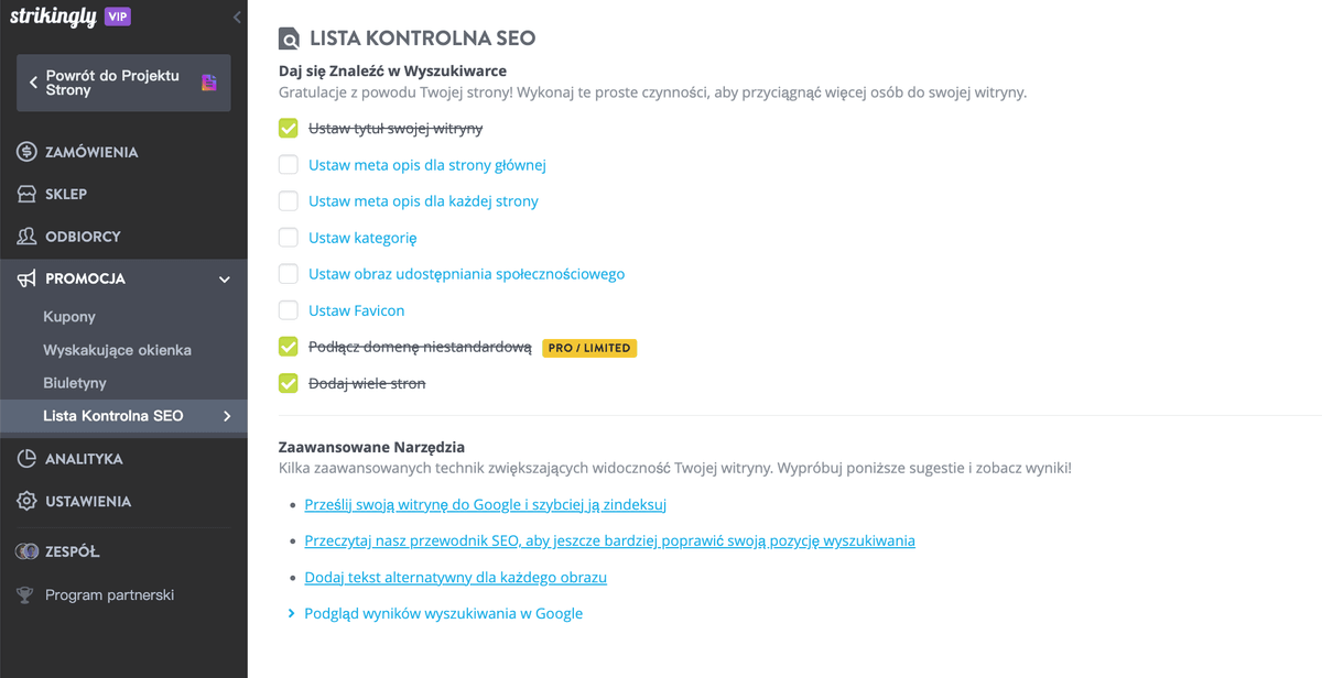Lista kontrolna SEO Strikingly