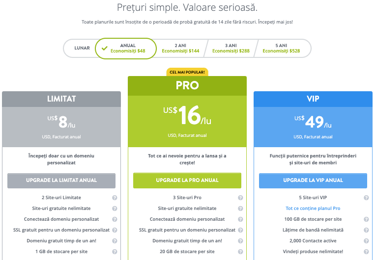 Pagina de prețuri Strikingly