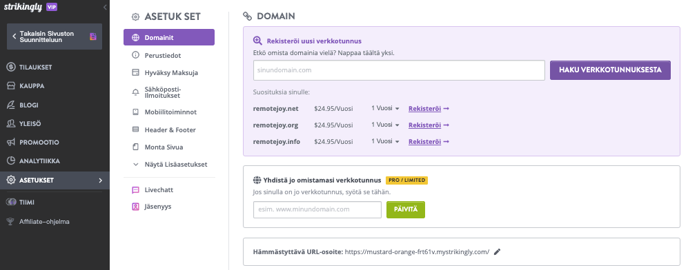 Lyhyiden verkkotunnusten käyttöönotto Strikinglyn avulla - Siirry verkkotunnusasetuksiin