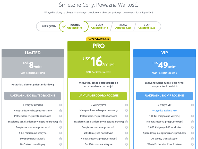 Strona cenowa Strikingly