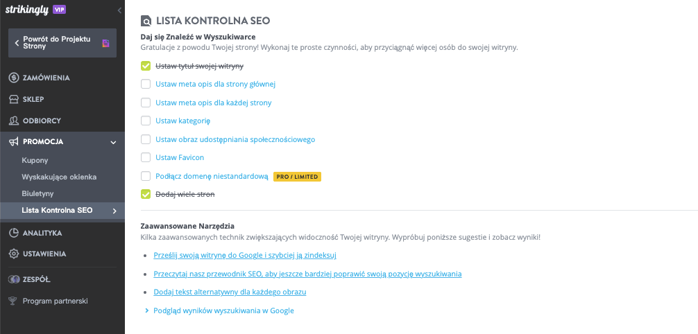 Checklist SEO Strikingly