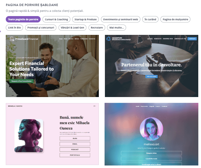 Pagina de selecție a șabloanelor Strikingly