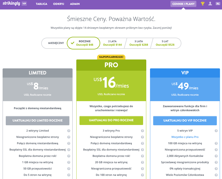 Cennik Planów Strikingly