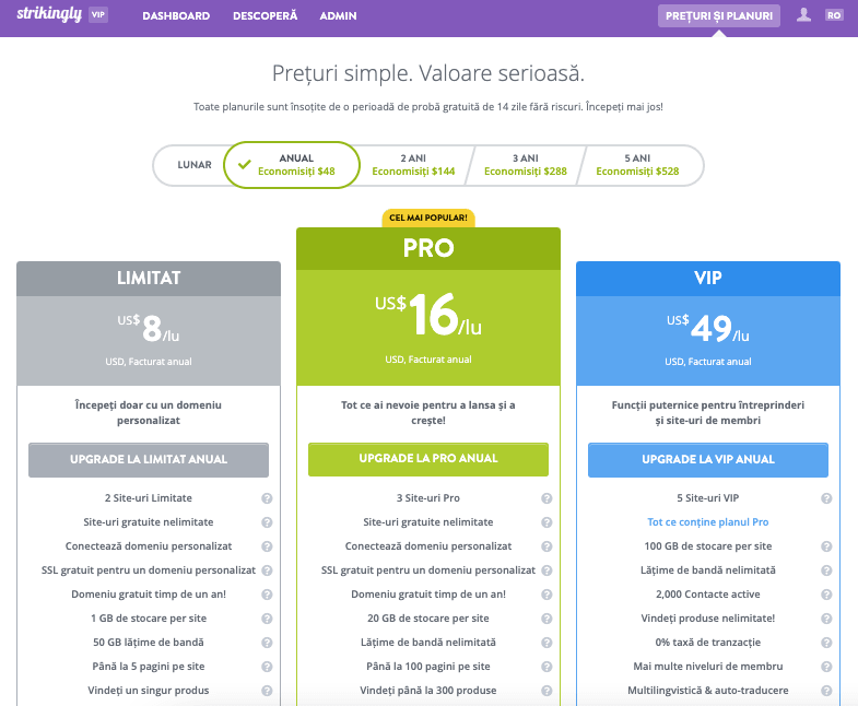 Pagina de prețuri Strikingly