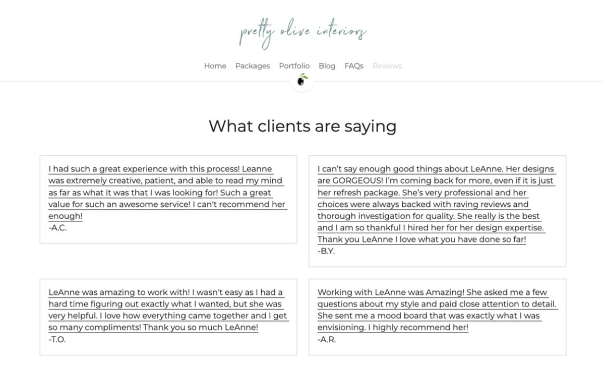 Seção de Testemunhos de Clientes da Pretty Olive Interiors