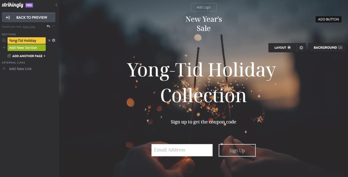 Strikingly Website-Editor: Neujahrskampagne