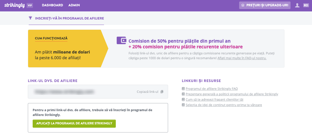 Strikingly marketing afiliat pagină