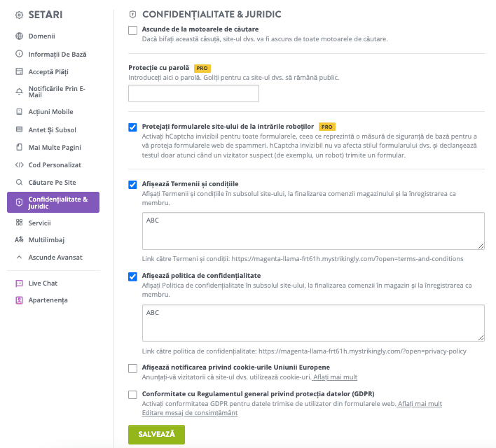 Adăugarea politicii de confidențialitate pe site-ul dvs. Strikingly