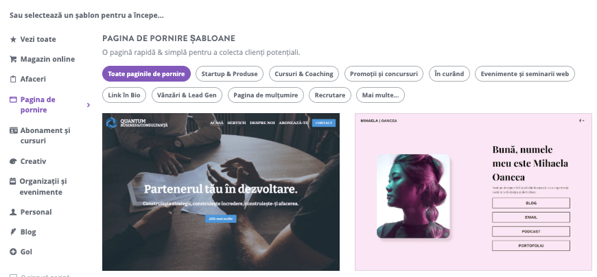 Pagină de selecție a șabloanelor Strikingly