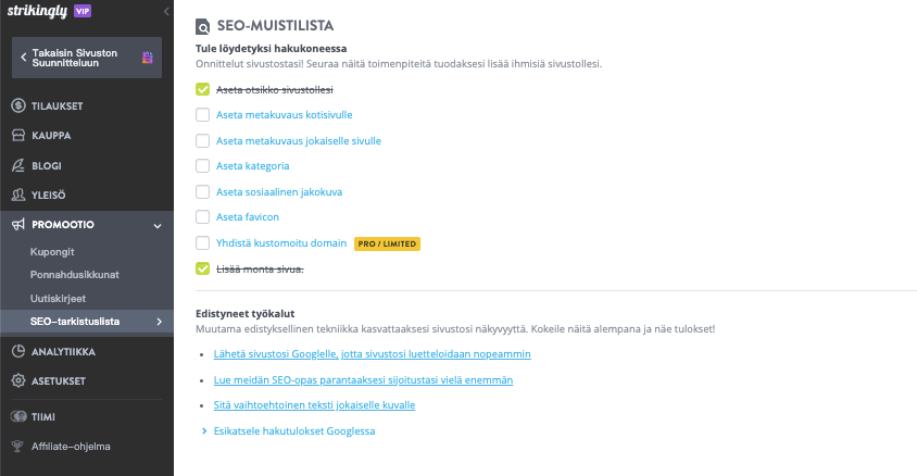 Blogikirjoituksen kirjoittamisen vaiheet Strikingly - Optimize for SEO -sivustolla