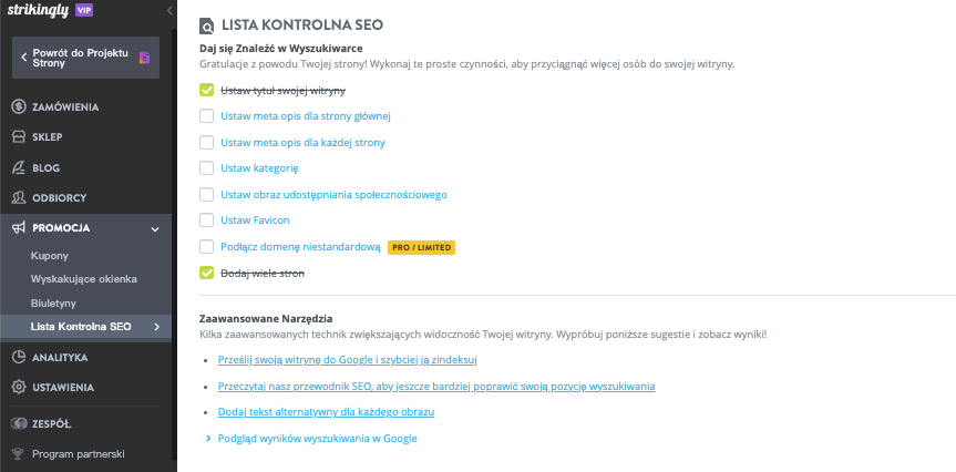 Najlepsze narzędzia dla freelancerów – narzędzia do tworzenia stron internetowych i projektowania – Strikingly: Stwórz piękną stronę internetową w kilka minut – Ustawienia SEO