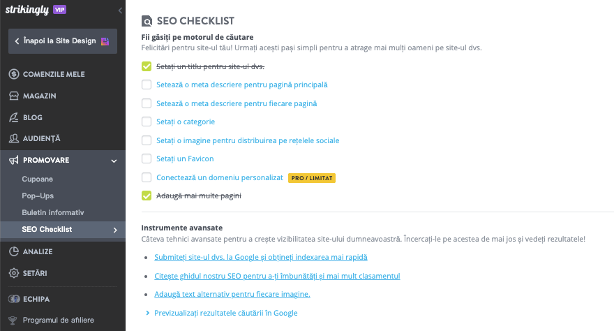 site web personal - utilizând Strikingly - integrând cele mai bune practici SEO
